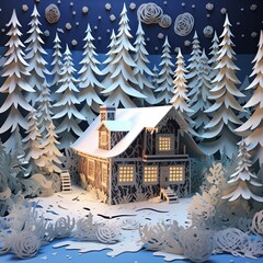 A cozy winter cabin surrounded by paper cut snow and pine trees.,Generative AI illustration