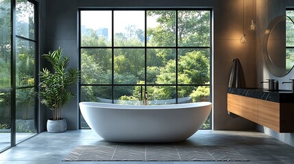 Fototapeta premium Modern bathroom with freestanding bathtub, large window, and wooden vanity. Sunlight streams through the window, creating a serene atmosphere.
