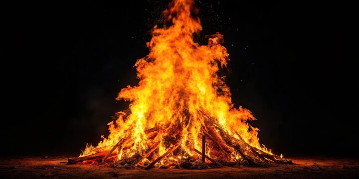 Bonfire with orange flame burning trees at night from bird's eye view