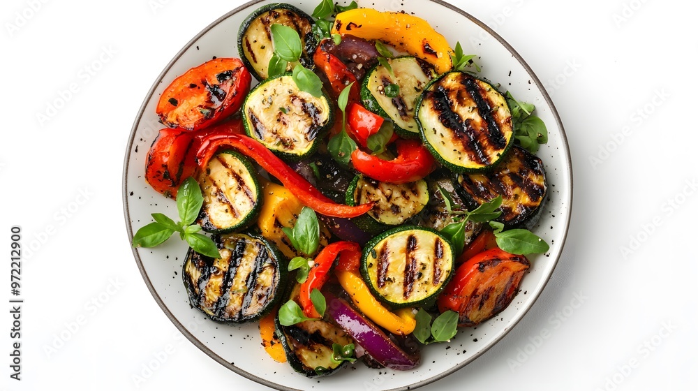 Wall mural grilled vegetable medley with zucchini, bell peppers, and fresh herbs on a white plate