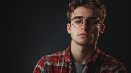 Obraz premium Portrait of a young man wearing glasses and a plaid shirt, looking at the camera.