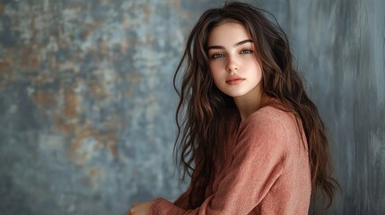 Fototapeta premium Young woman with long brown hair and a pink sweater looking at the camera.