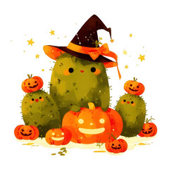 Cute cactuses character wearing a witch hat illustrations and pumpkins, PNG, transparent, No background