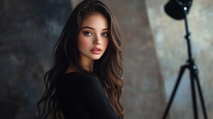 Fototapeta premium Beautiful young woman with long, dark hair and green eyes.