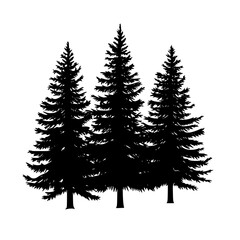 Obraz premium Silhouette of evergreen pine trees in black, Black silhouette of tall evergreen pine trees, featuring detailed branches and a simple design, isolated on a white background. 