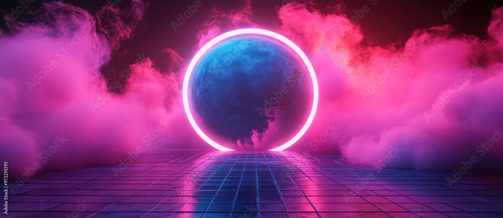 Poster Neon Circle Portal in a Dreamlike Landscape