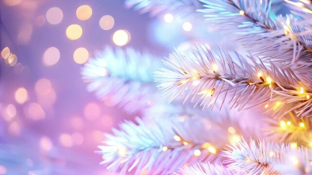 White  Christmas tree branches with golden  garland lights on Festive lilac blurred background , Happy New Year concept, copy space.	
