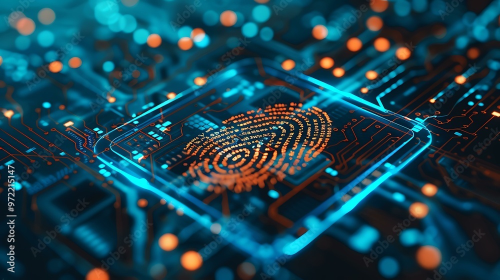 Poster a close-up of a virtual lock icon on a digital interface with a fingerprint scanner in the foregroun
