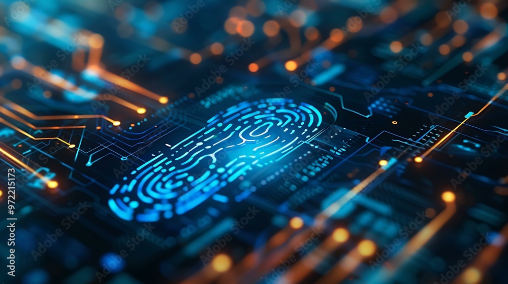 Poster a close-up of a virtual lock icon on a digital interface with a fingerprint scanner in the foregroun