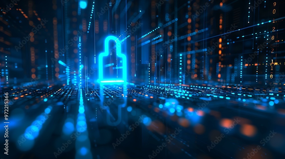 Poster a futuristic digital lock icon glowing in blue, surrounded by a matrix of binary code, symbolizing c
