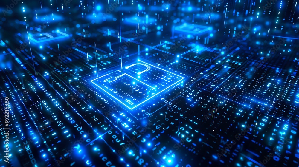 Poster a futuristic digital lock icon glowing in blue, surrounded by a matrix of binary code, symbolizing c