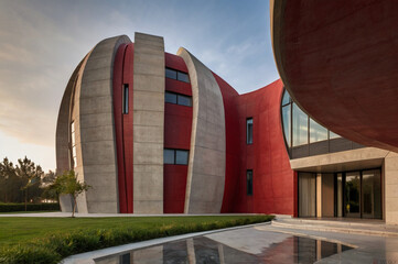 Red concrete renaissance house with curved lines.