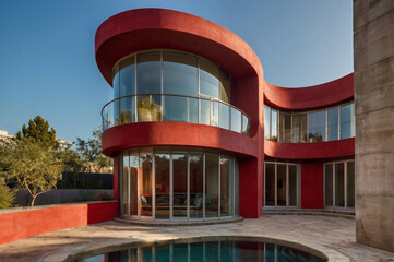 Red concrete renaissance house with curved lines.