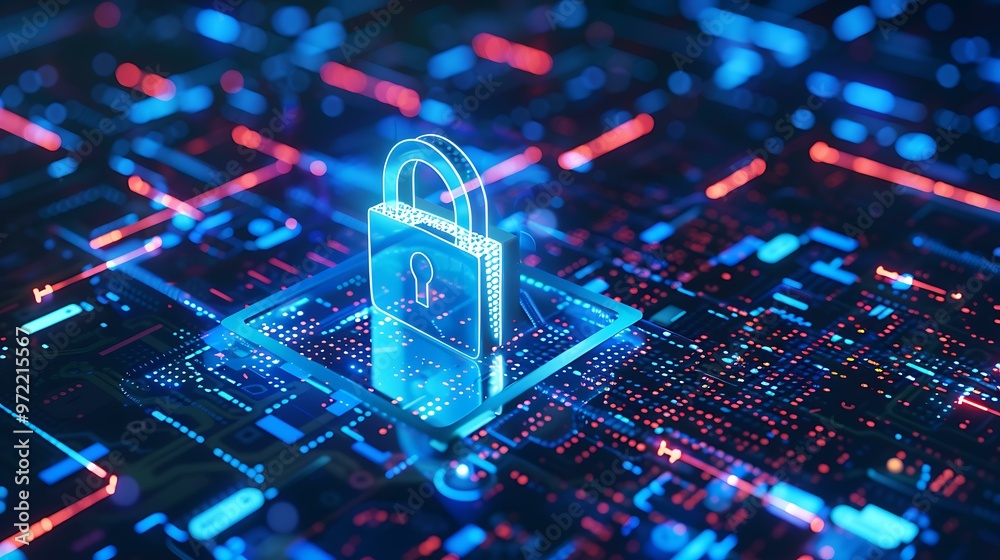 Poster a futuristic digital lock icon glowing in blue, surrounded by a matrix of binary code, symbolizing c