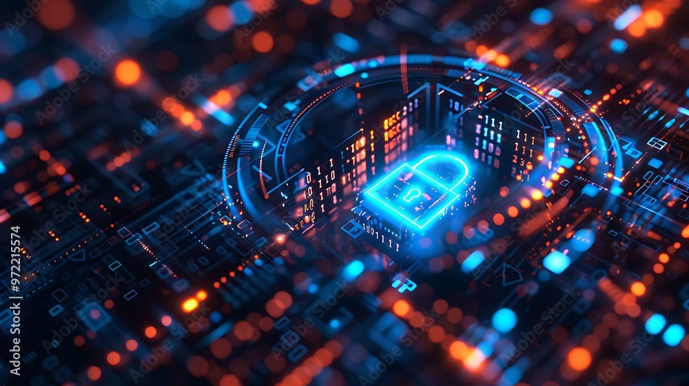 Poster a futuristic digital lock icon glowing in blue, surrounded by a matrix of binary code, symbolizing c