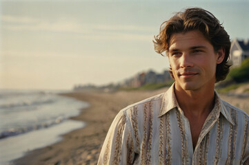 Photo of a handsome man in vintage shirt on the shoreline.