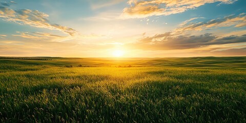 Breathtaking sunset over a vast green field, illustrating the beauty of nature and tranquility in an open landscape.