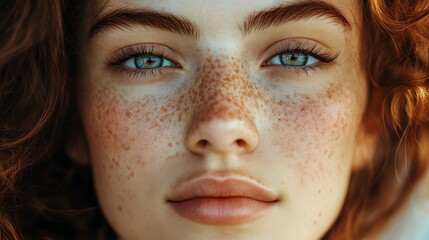 Close-up portrait of a young woman with freckles and blue eyes.