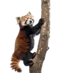 Fototapeta premium A charming red panda climbing a textured tree, showcasing its playful nature and stunning fur patterns.