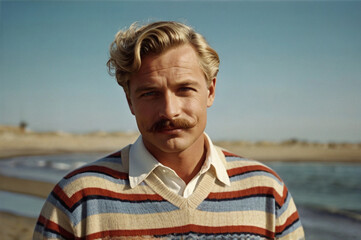 A blond man with a mustache in striped sweater on shoreline.