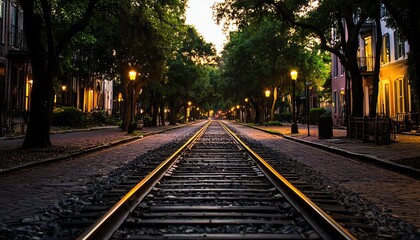 Fototapeta premium Scenic railway tracks under soft evening light, surrounded by lush trees and historic buildings, creating a tranquil atmosphere.