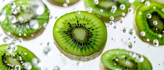 Flying kiwi fruits isolated on white background for food.