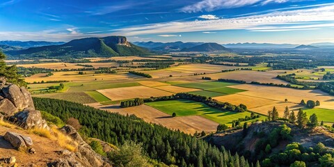 Breathtaking view of Rogue Valley farmland and natural areas from Table Rock in Southern Oregon, USA