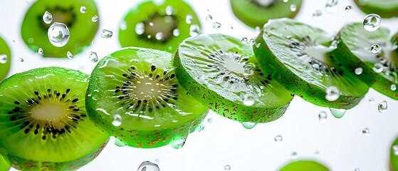 Flying kiwi fruits isolated on white background for food.