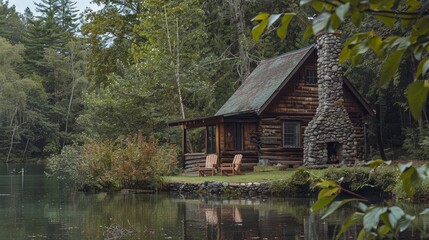 Charming rustic cabin by the lake surrounded by lush greenery and cozy seating by the chimney