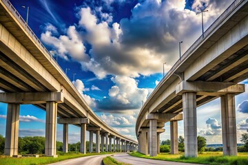 Bridges and structures under concrete highway with white clouds in sky during afternoon