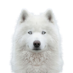 Naklejka premium A majestic white Samoyed dog with piercing blue eyes, showcasing its fluffy coat and friendly expression.