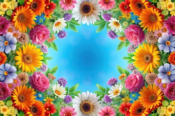 Bright and colorful border of symmetrical spring and summer flowers