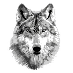 Fototapeta premium A stunning monochrome illustration of a wolf's face, showcasing its fierce and majestic features with detailed textures.