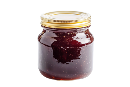 Closeup of jar of grape jam isolated on white transparent background. Concept of homemade preserves and fruit