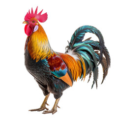 Fototapeta premium A vibrant rooster with colorful plumage stands proudly, showcasing its striking features and lively personality.