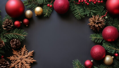 Christmas decorations and gifts as frame, top view with blank space, background for new year celebrations, winter fairy tale