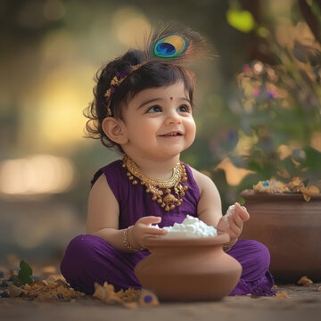 Indian happy baby boy in a purple dhoti and top, peacock feather in his hairs sitting on the ground with little curd in his hands.
