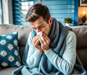 A person with flu symptoms: runny nose, coughing, and fever, educational style, Sick man