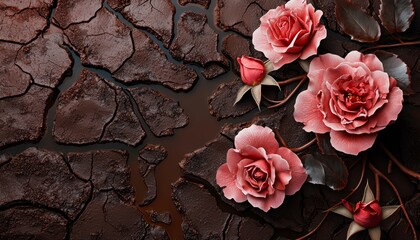 A fusion of cracked clay, flowing water, and delicate roses blooming across the landscape, blending earth and flower elements