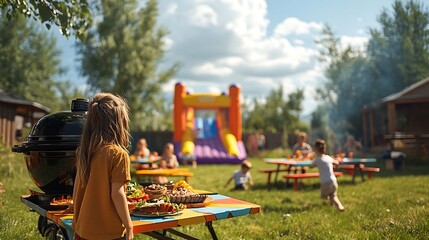 A family BBQ setup in a sunny backyard, with a large grill, colorful picnic tables, a bouncy castle in the background, and kids playing on the grass while the adults grill and enjoy the warm day.