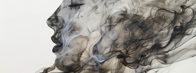 The smoke is a portrait of a woman's face, using flowing cloth, soft ink, and movement.