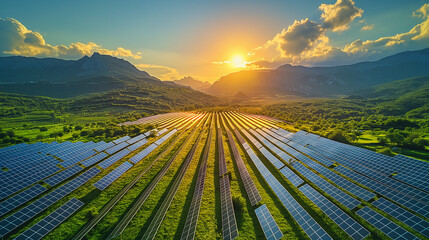 Energy of the Future: Solar Panels Amidst Majestic Mountains, Reflecting Warm Sunlight
