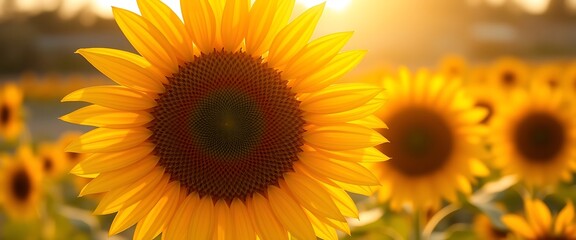 Obraz premium Bright sunflower blooms in a vibrant field at sunset with golden sunlight illuminating the landscape