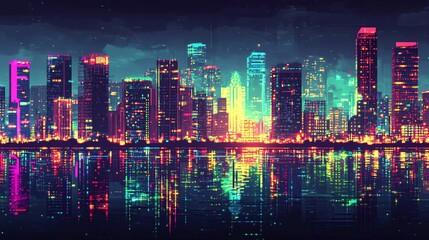 Fototapeta premium Vibrant neon cityscape reflected in still water.