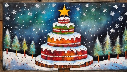 Christmas cake with decorations for New Year's holidays, wooden background, winter fairy tale