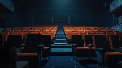 Naklejka premium A dimly lit theater showcasing empty orange seats leading to a stage.