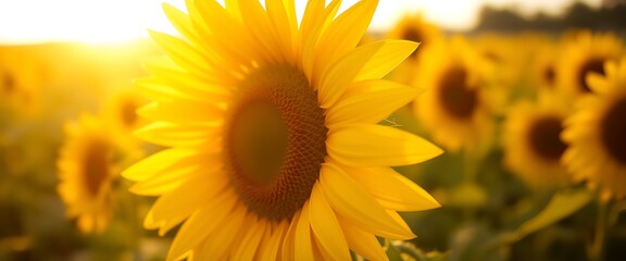 Obraz premium A vibrant sunflower stands tall against a golden sunset in a sprawling sunflower field during late summer