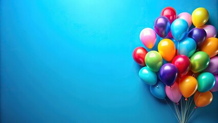 Brightly colored balloons on blue background with copy space