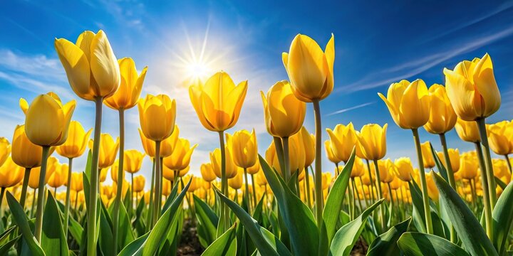 Bright yellow tulips reaching for the sun in a spring field minimalist