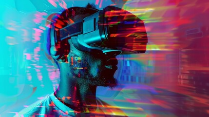 Man engaged in futuristic virtual reality experience with dynamic glitch effect and vibrant colors